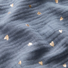 mussolina / tessuto doppio increspato Cuori stampa laminata – grigio blu/oro effetto metallizzato, 