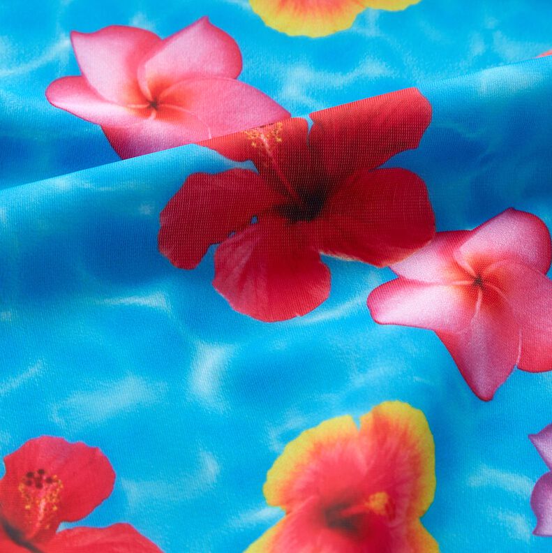 tessuto per costumi da bagno Fiori delle Hawaii – blu/rosa fucsia acceso,  image number 3