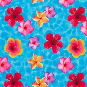 tessuto per costumi da bagno Fiori delle Hawaii – blu/rosa fucsia acceso, 