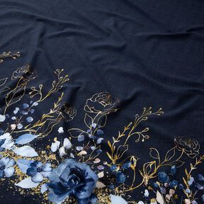 jersey di cotone Tessuto con bordura a fiori glitterato in oro | Glitzerpüppi – blu notte/colore blu, 