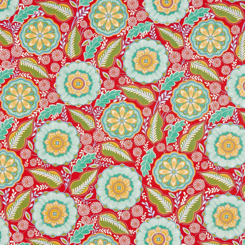 tessuto in cotone cretonne Fiori Mandala – rosso fuoco/menta piperita,  image number 1