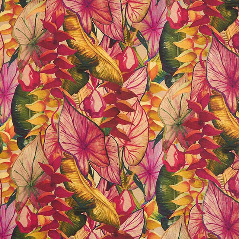 Tessuti da esterni canvas foglie esotiche – rosso carminio/lillà,  image number 1