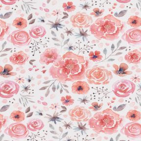 Jersey di cotone con rose ad acquarello – bianco/rosa, 