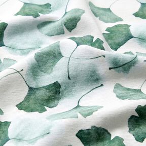 GOTS jersey di cotone Stampa digitale Ginko – bianco/eucalipto, 